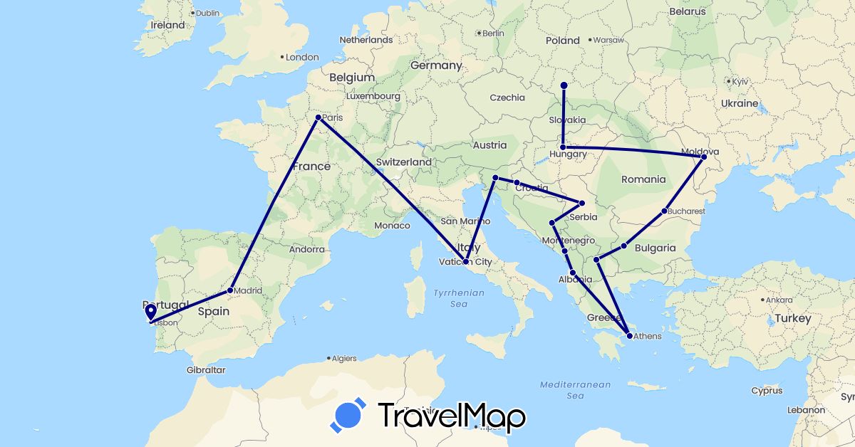 TravelMap itinerary: driving in Albania, Bosnia and Herzegovina, Bulgaria, Spain, France, Greece, Croatia, Hungary, Italy, Moldova, Montenegro, Macedonia, Poland, Portugal, Romania, Serbia, Slovenia (Europe)