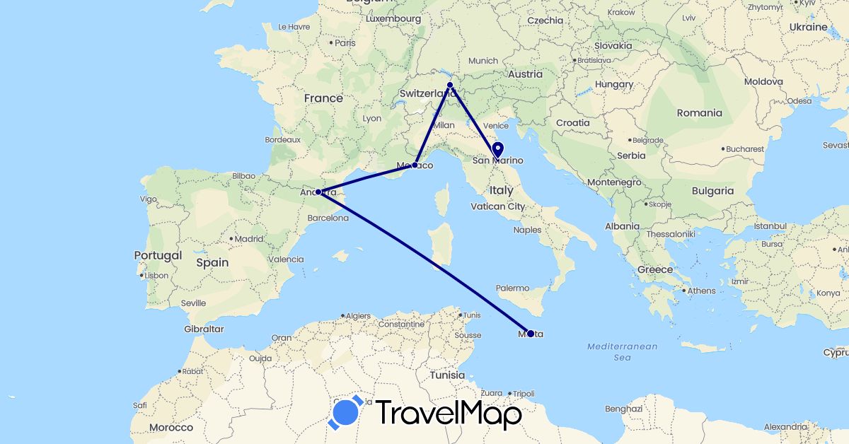 TravelMap itinerary: driving in Andorra, Liechtenstein, Monaco, Malta, San Marino (Europe)